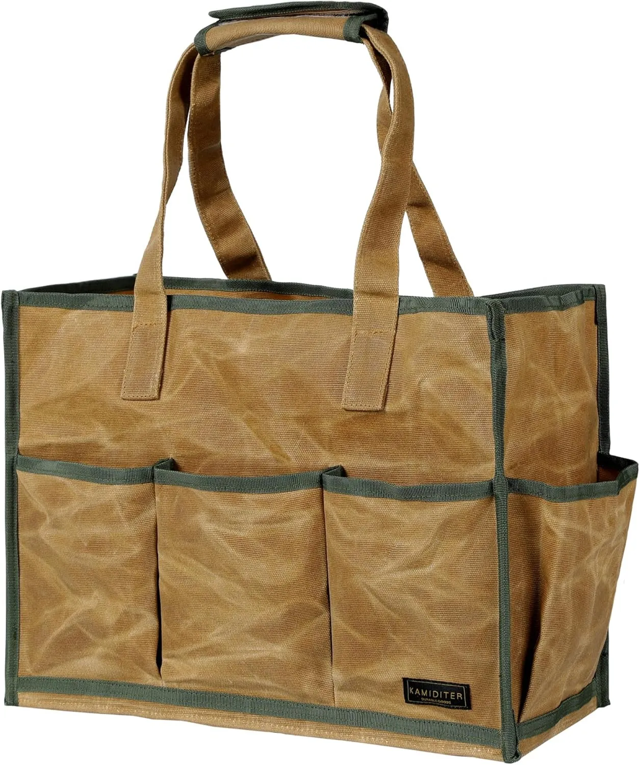 Heavy-Duty 16oz Waxed Canvas Tool Tote Bag - Water-Resistant Wide Mouth Organizer with Reinforced Handle | Large Capacity Tool Storage for Wrenches (16.5" x 12.5" x 6.5", Khaki)