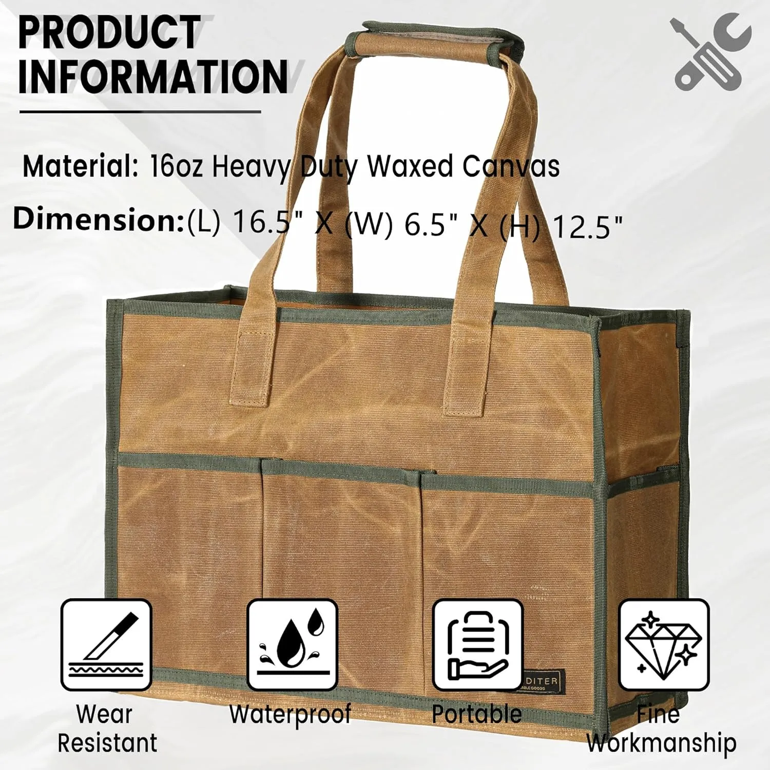 Heavy-Duty 16oz Waxed Canvas Tool Tote Bag - Water-Resistant Wide Mouth Organizer with Reinforced Handle | Large Capacity Tool Storage for Wrenches (16.5" x 12.5" x 6.5", Khaki)