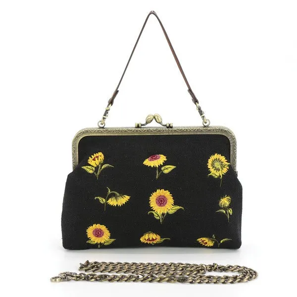 Kiss Lock Embroidered Sunflower Bag