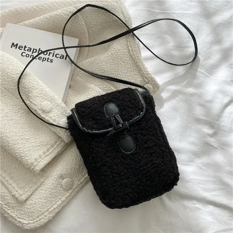 Lambswool Phone-bag Women Faux Fur Bags Tender Sweet Lovely Cross Body Teenagers Female Portable Horn Button Plush Square Cozy