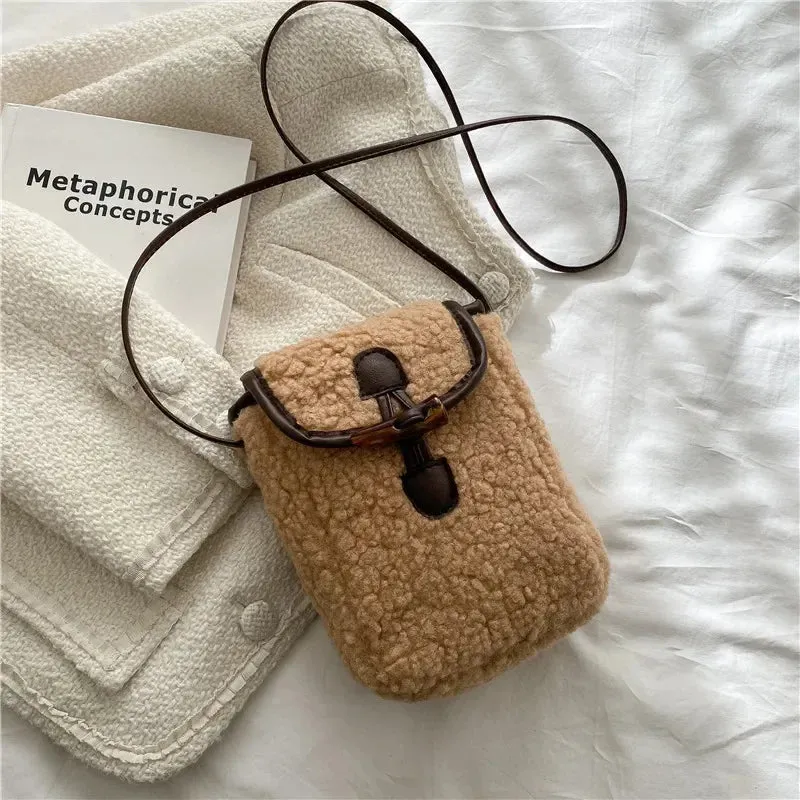 Lambswool Phone-bag Women Faux Fur Bags Tender Sweet Lovely Cross Body Teenagers Female Portable Horn Button Plush Square Cozy
