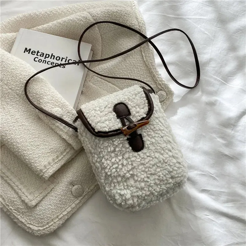 Lambswool Phone-bag Women Faux Fur Bags Tender Sweet Lovely Cross Body Teenagers Female Portable Horn Button Plush Square Cozy