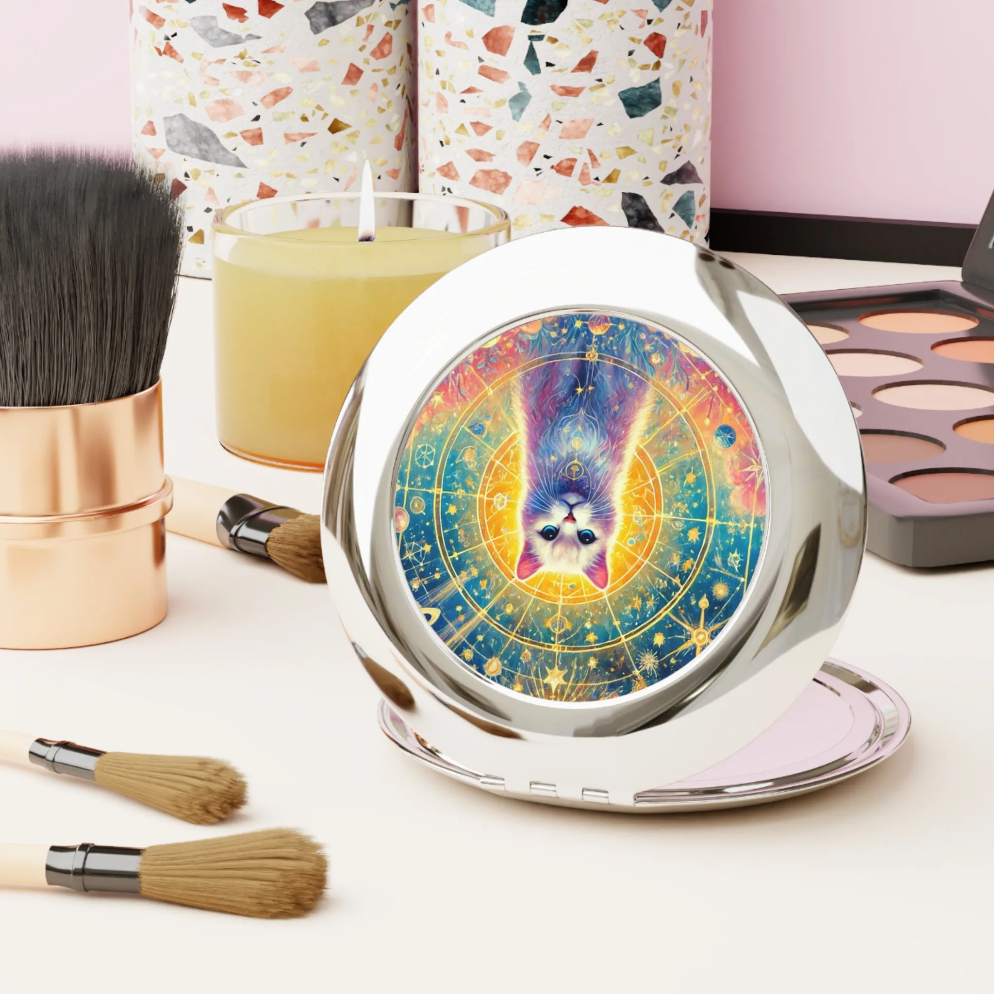 Magic Cosmic White Cat - Compact Travel Mirror