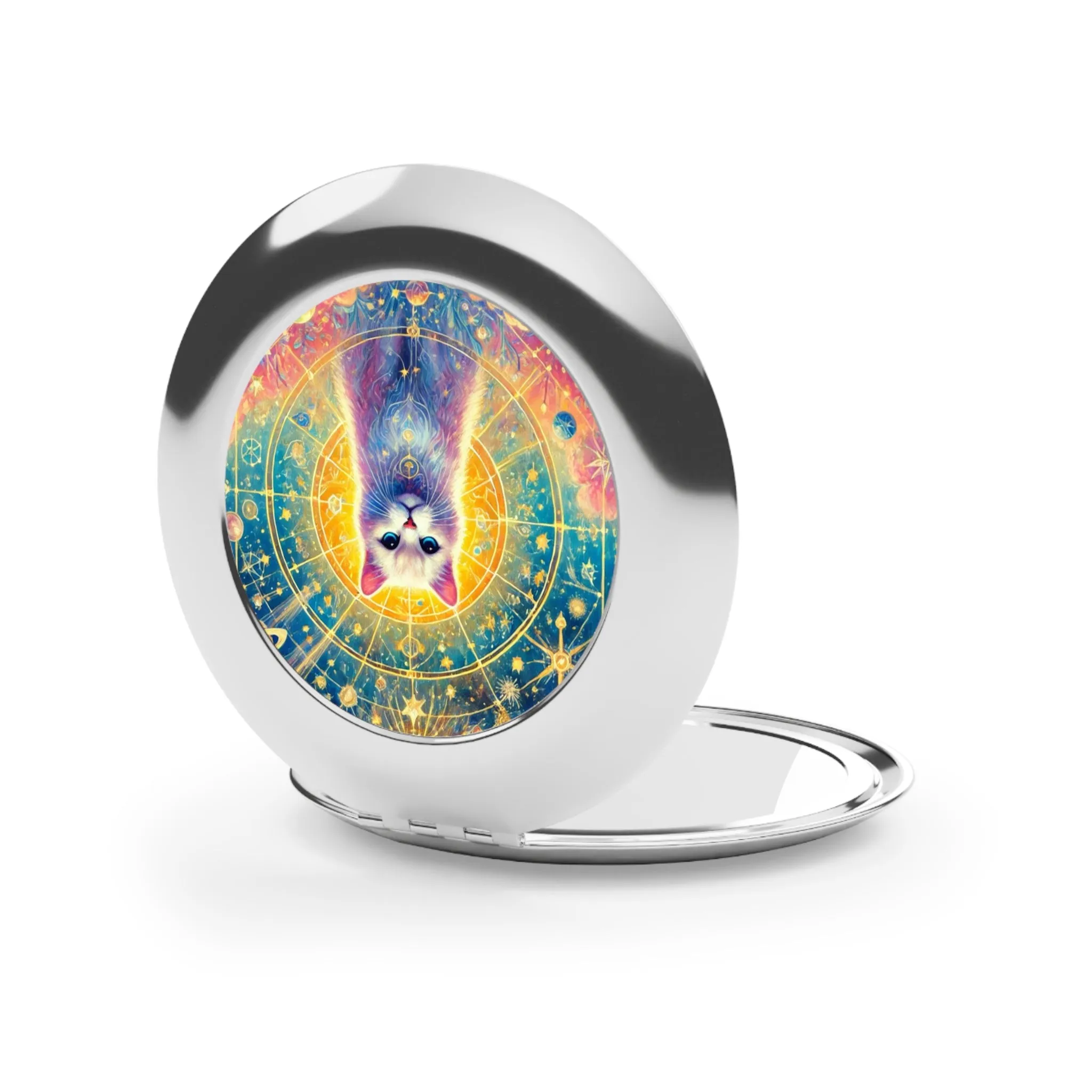 Magic Cosmic White Cat - Compact Travel Mirror