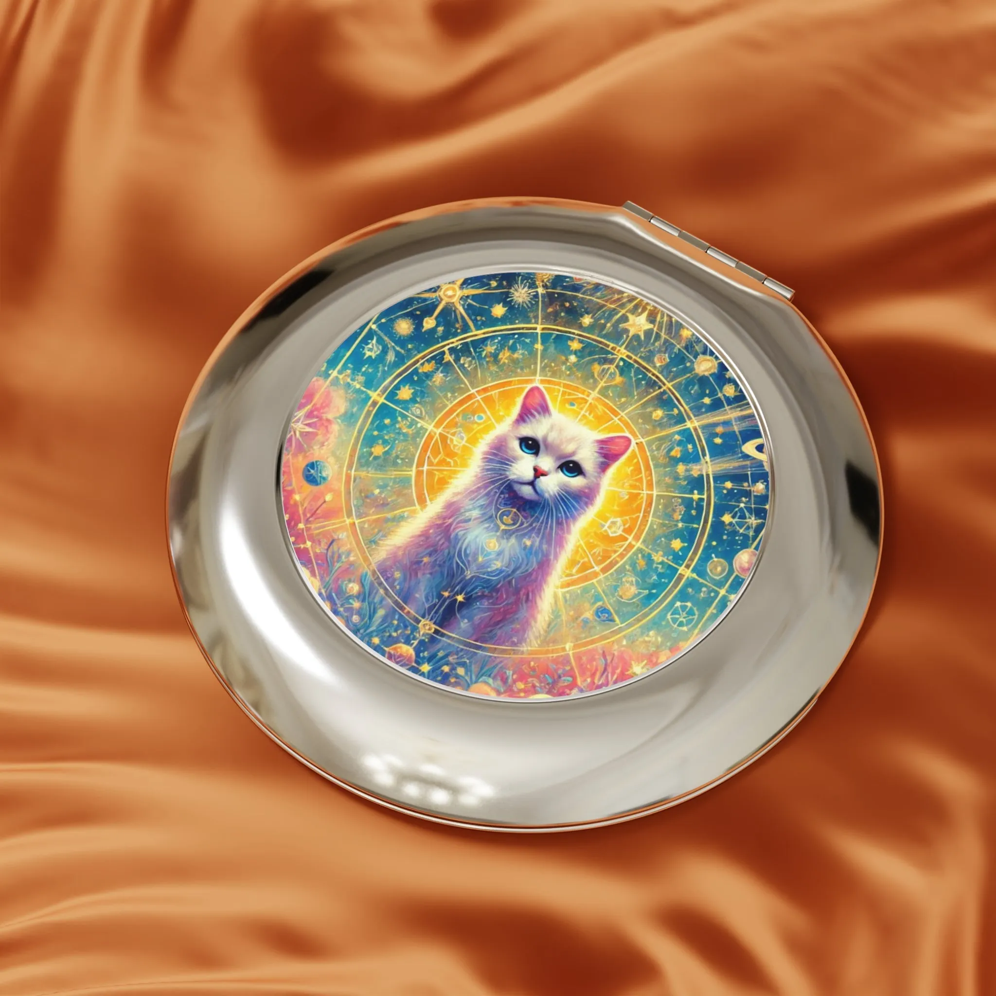Magic Cosmic White Cat - Compact Travel Mirror