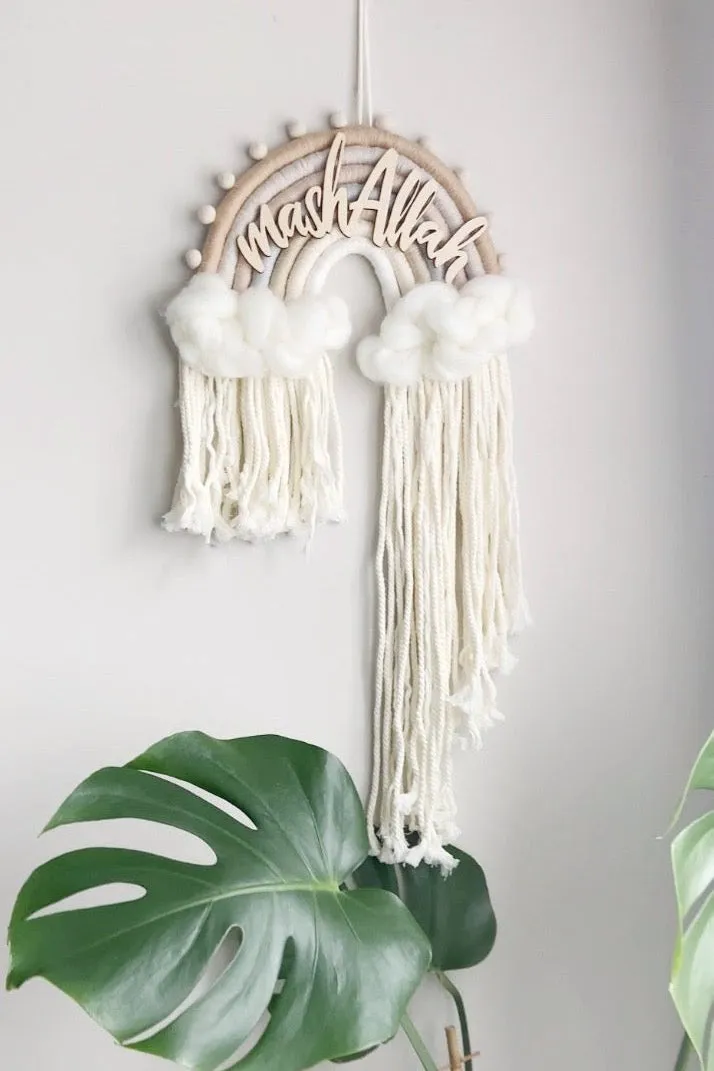 MashAllah Macramé Rainbow in neutral beige tones, aqeeqah gift, nursery wall hanging, nursery baby Nordic decor