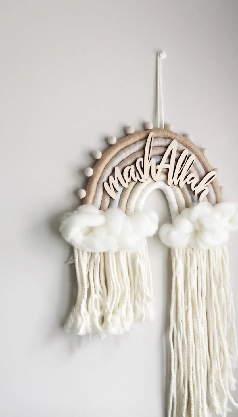 MashAllah Macramé Rainbow in neutral beige tones, aqeeqah gift, nursery wall hanging, nursery baby Nordic decor
