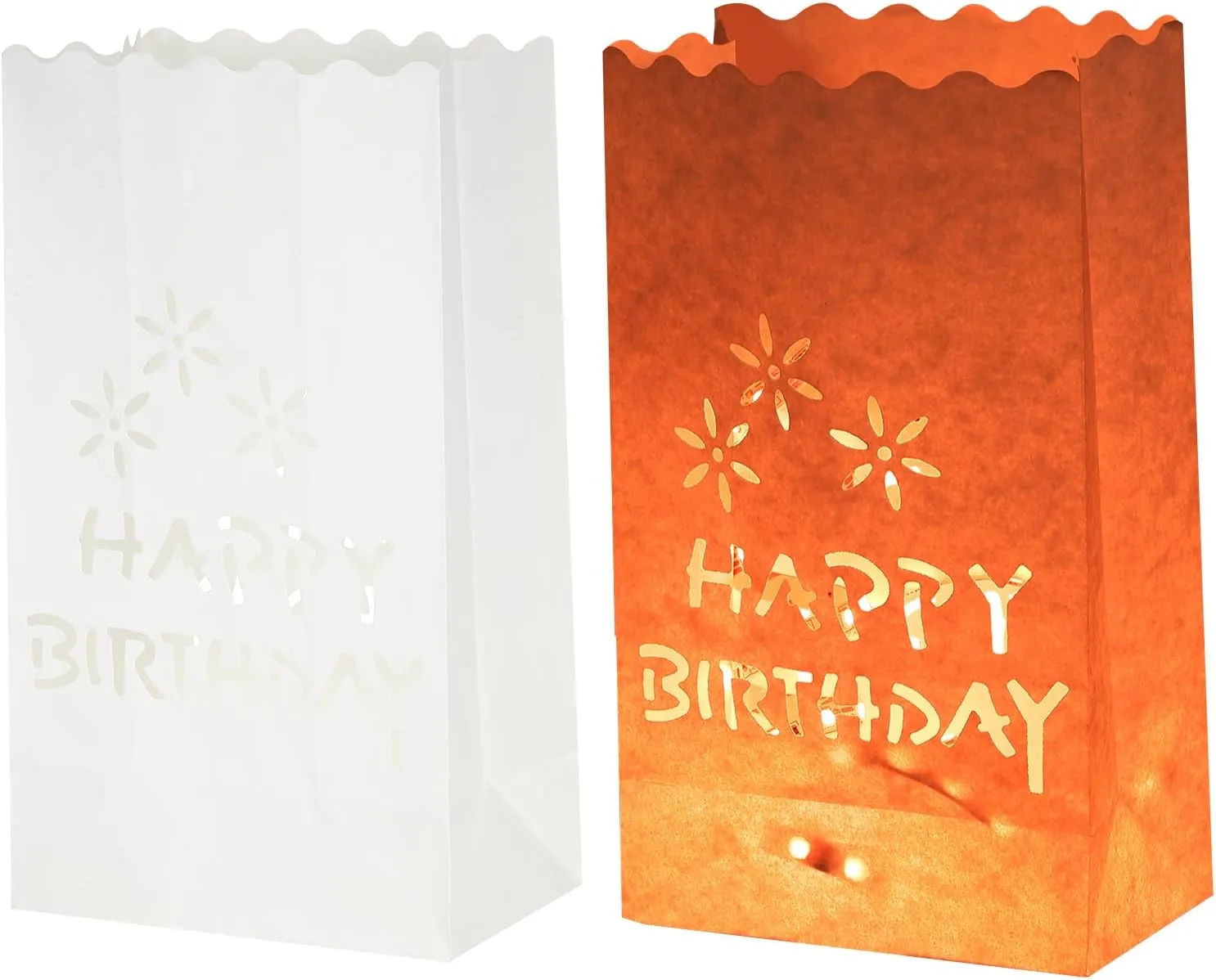 MECCANIXITY White Paper Luminary Bags, 10 Pcs Birthday Shape Flame Resistant Lantern Candle Bags for Christmas Weddings Birthday Party Decoration
