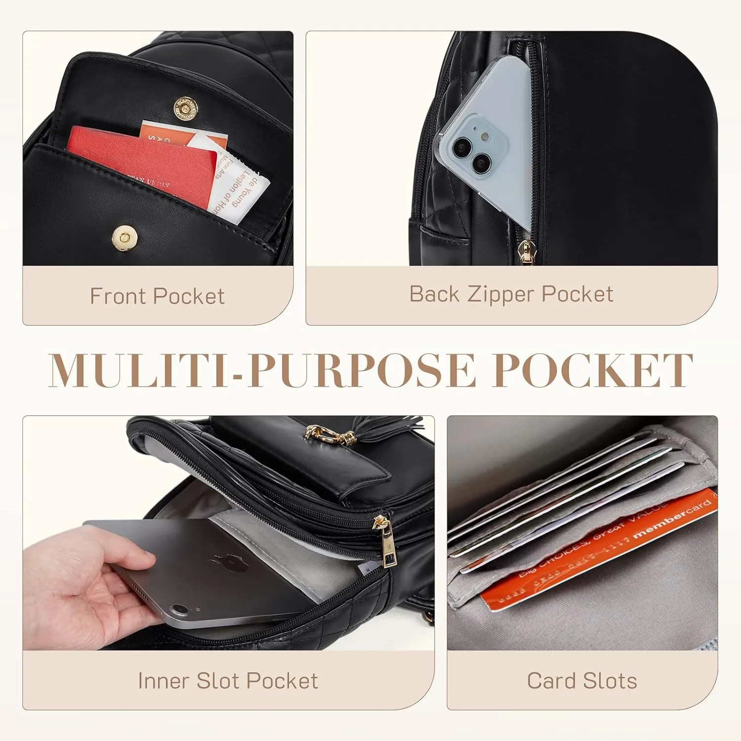 Missnine PU Leather Sling Bag for Women Quilted Chest Crossbody Trendy Travel Bag for Hiking Cycling with Tassel
