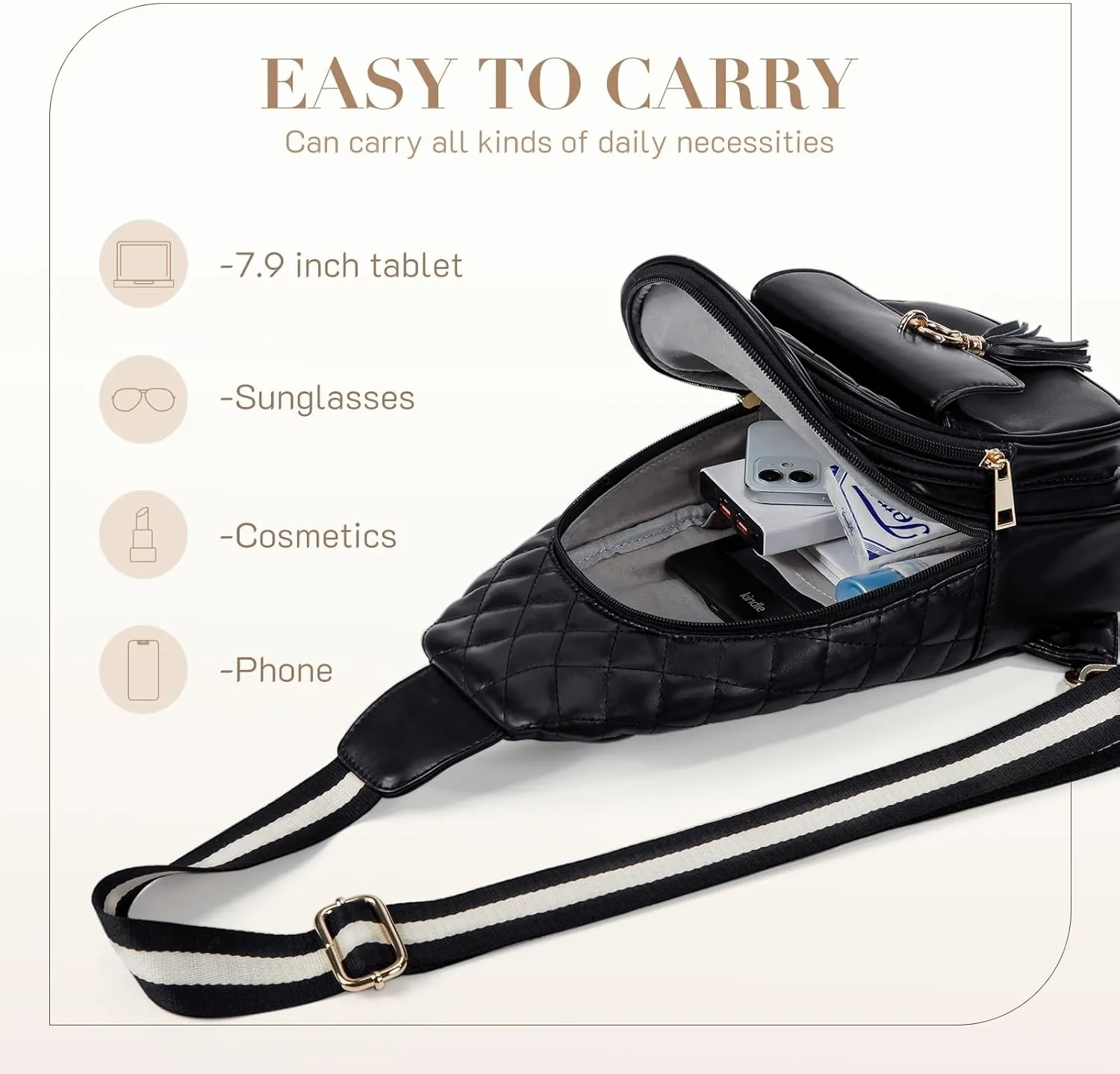 Missnine PU Leather Sling Bag for Women Quilted Chest Crossbody Trendy Travel Bag for Hiking Cycling with Tassel