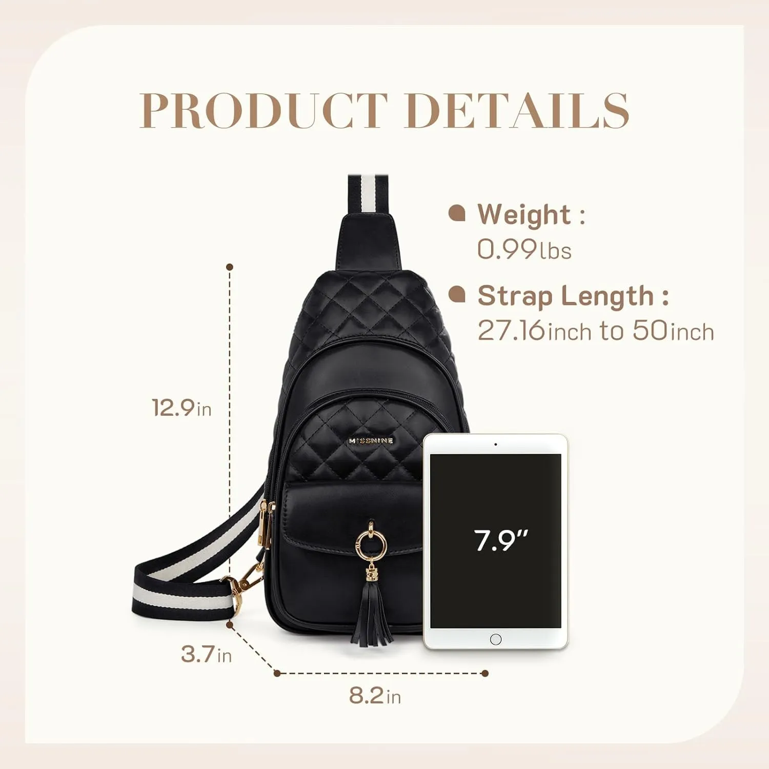 Missnine PU Leather Sling Bag for Women Quilted Chest Crossbody Trendy Travel Bag for Hiking Cycling with Tassel