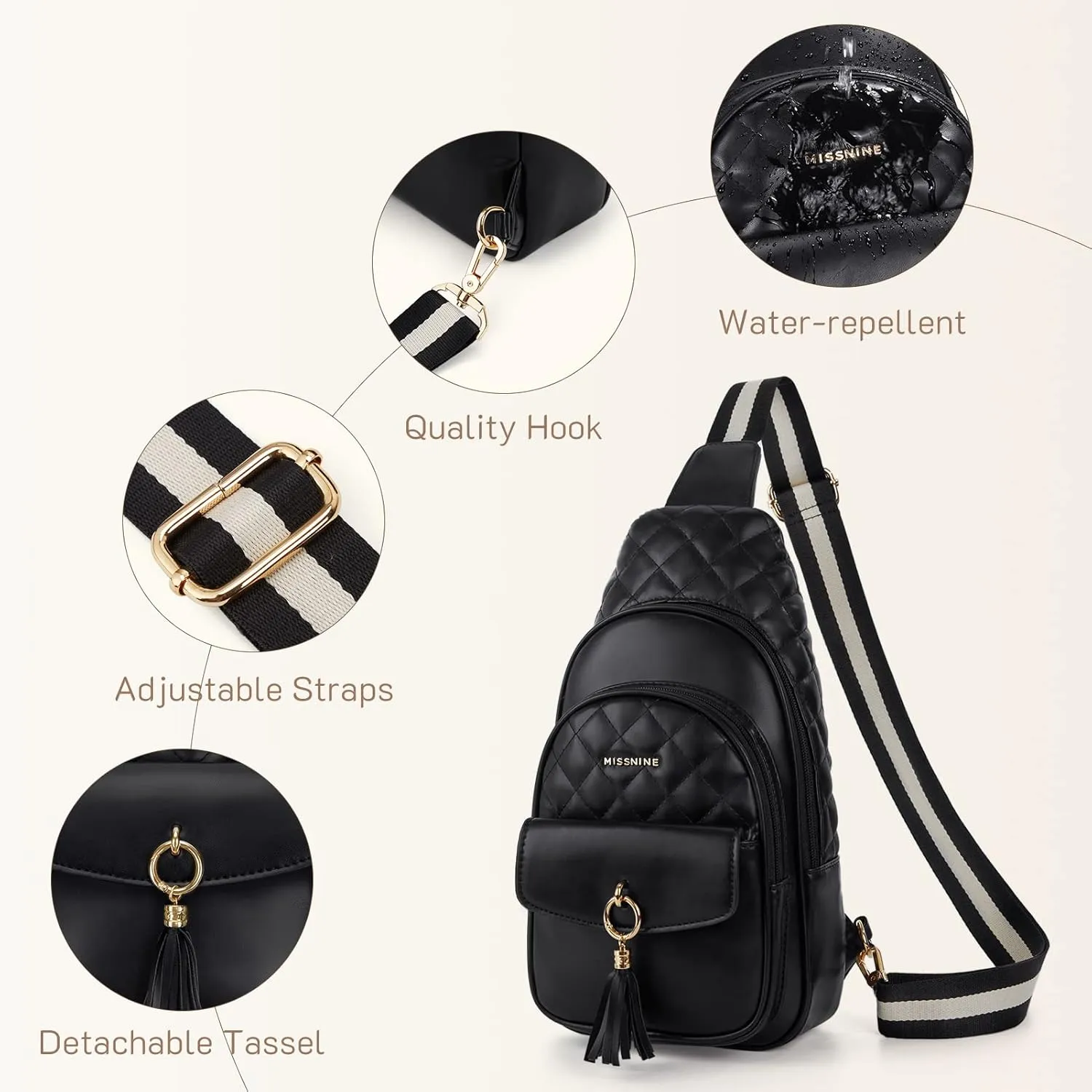 Missnine PU Leather Sling Bag for Women Quilted Chest Crossbody Trendy Travel Bag for Hiking Cycling with Tassel