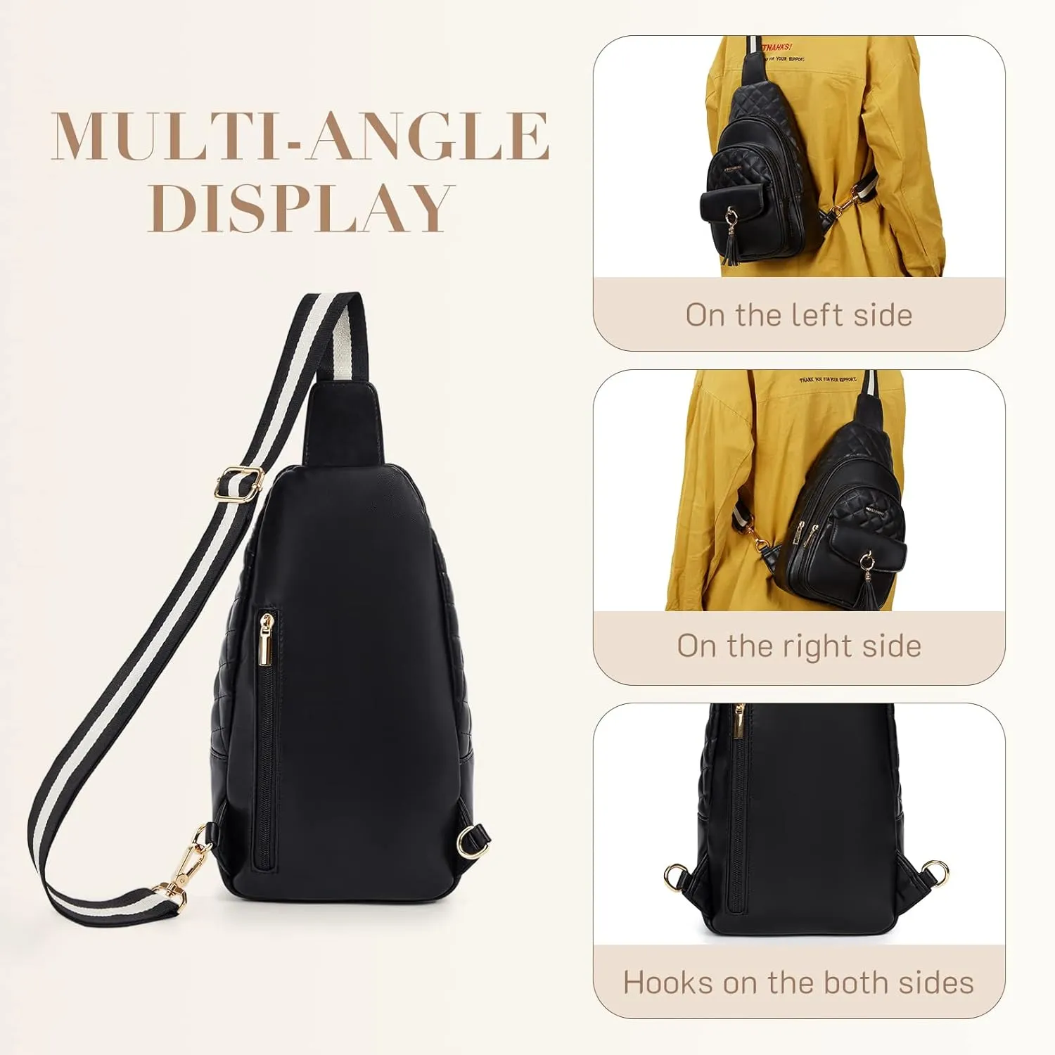 Missnine PU Leather Sling Bag for Women Quilted Chest Crossbody Trendy Travel Bag for Hiking Cycling with Tassel