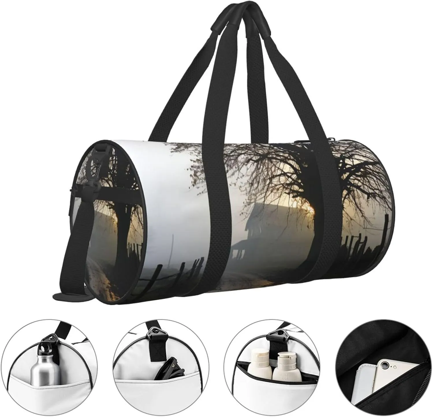 Misty Farmhouse Travel Duffle Bag for Men Women Sport Gym Bag Foldable Weekender Bag Carry on Overnight Bag for Travel Swimming Basketball