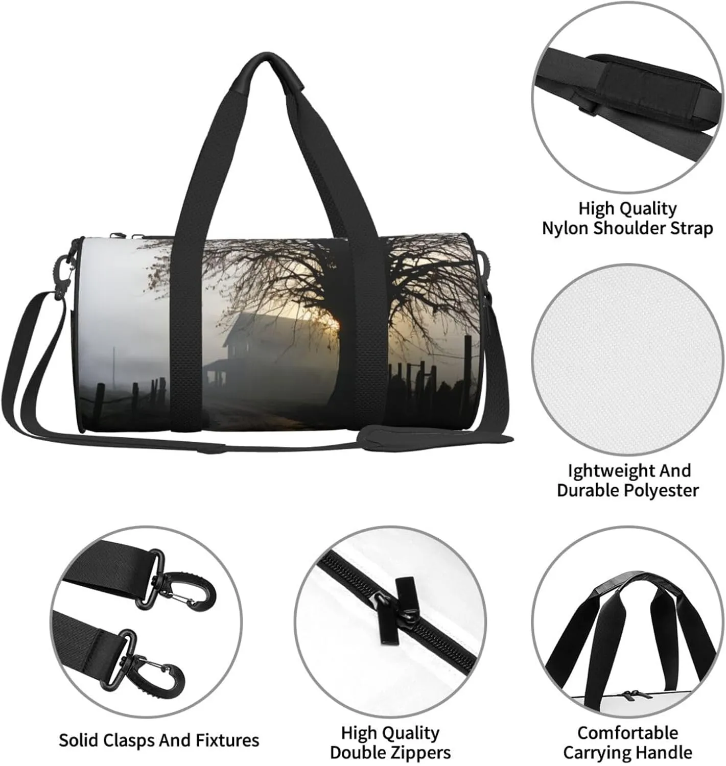 Misty Farmhouse Travel Duffle Bag for Men Women Sport Gym Bag Foldable Weekender Bag Carry on Overnight Bag for Travel Swimming Basketball