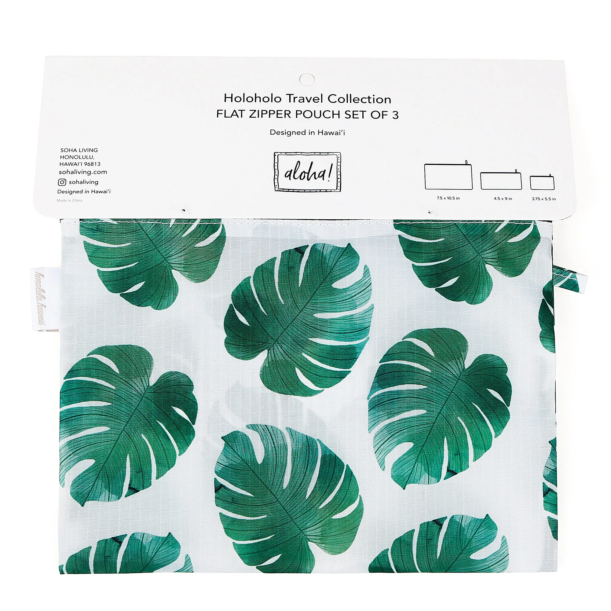 Monstera Green Flat Pouch, Set of 3
