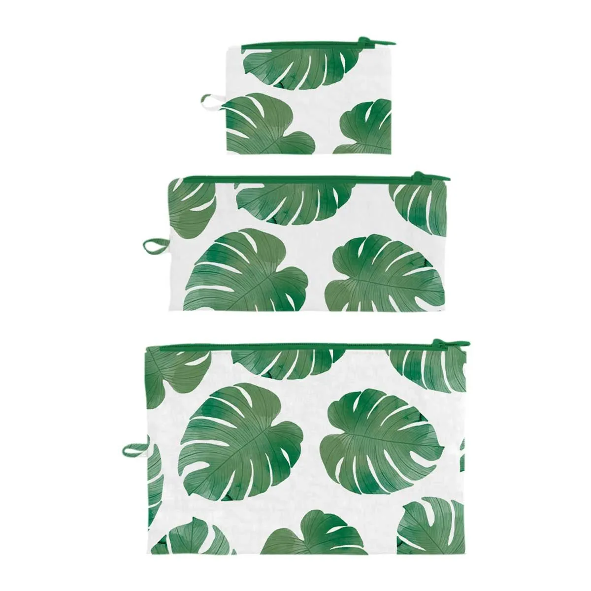 Monstera Green Flat Pouch, Set of 3