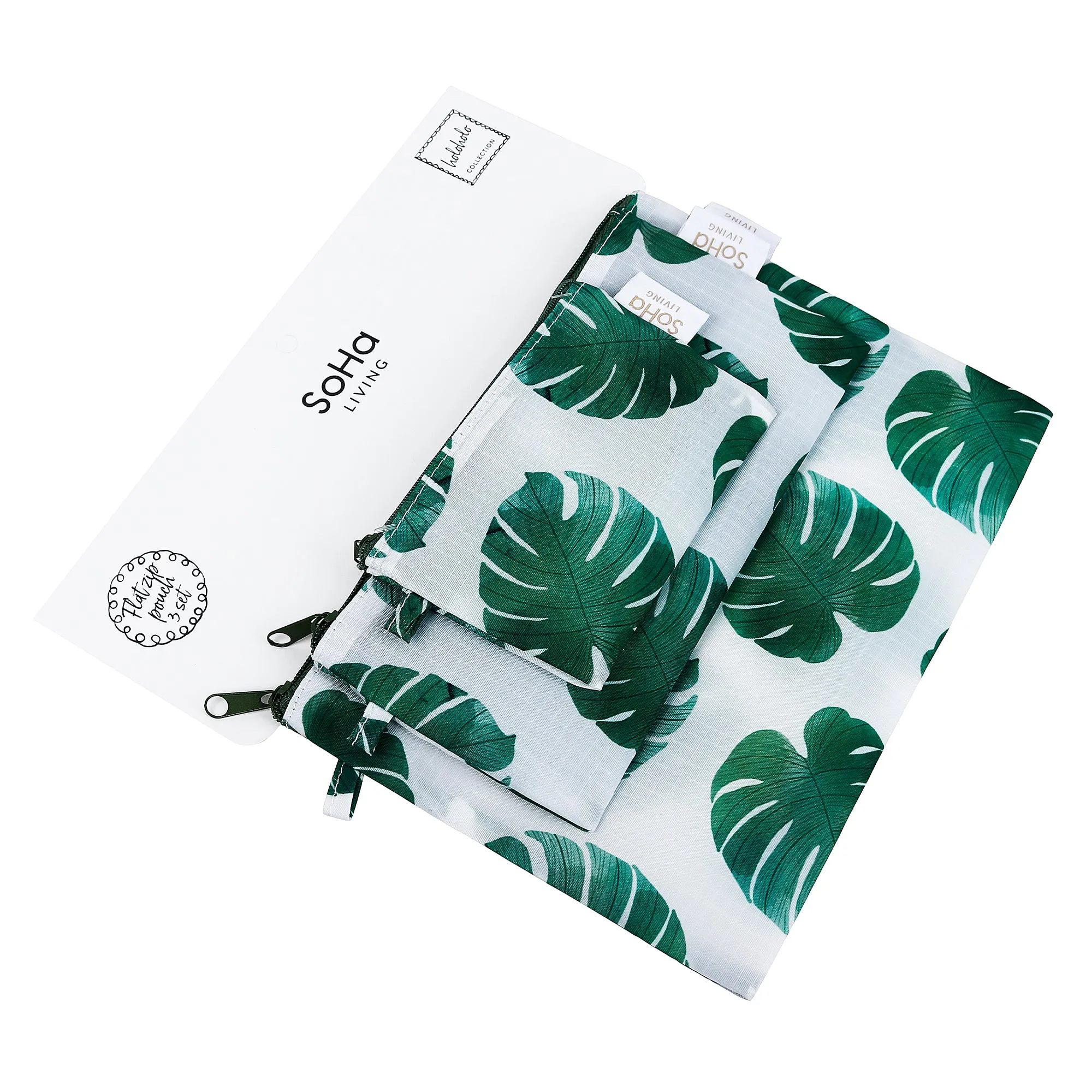 Monstera Green Flat Pouch, Set of 3