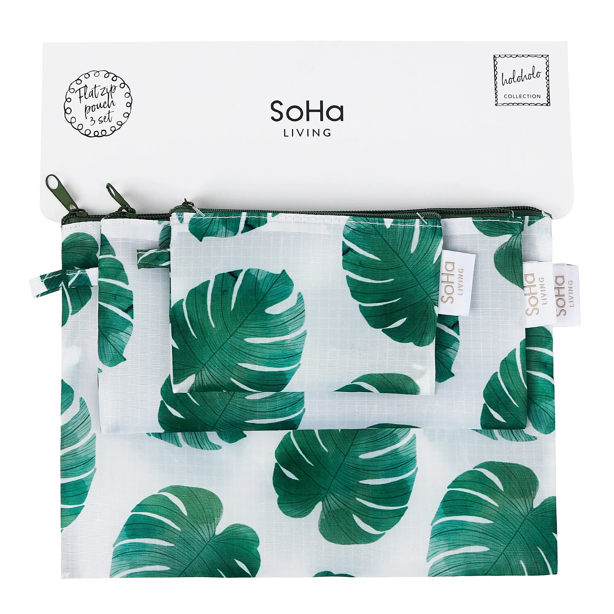 Monstera Green Flat Pouch, Set of 3