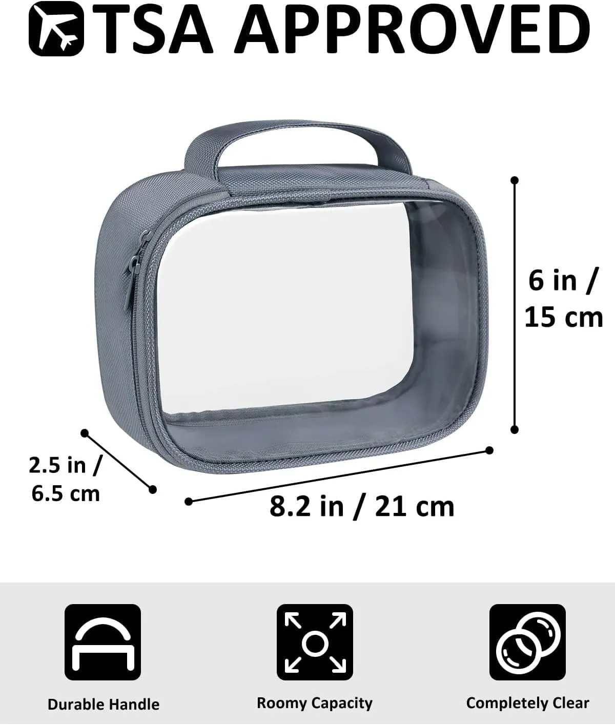 Moyad TSA Approved Clear Toiletry Bag with Handle, 1 Pack Quart Size 3-1-1 Liquids Pouch for Travel, Transparent Makeup & Cosmetic Organizer for Women Men, Grey