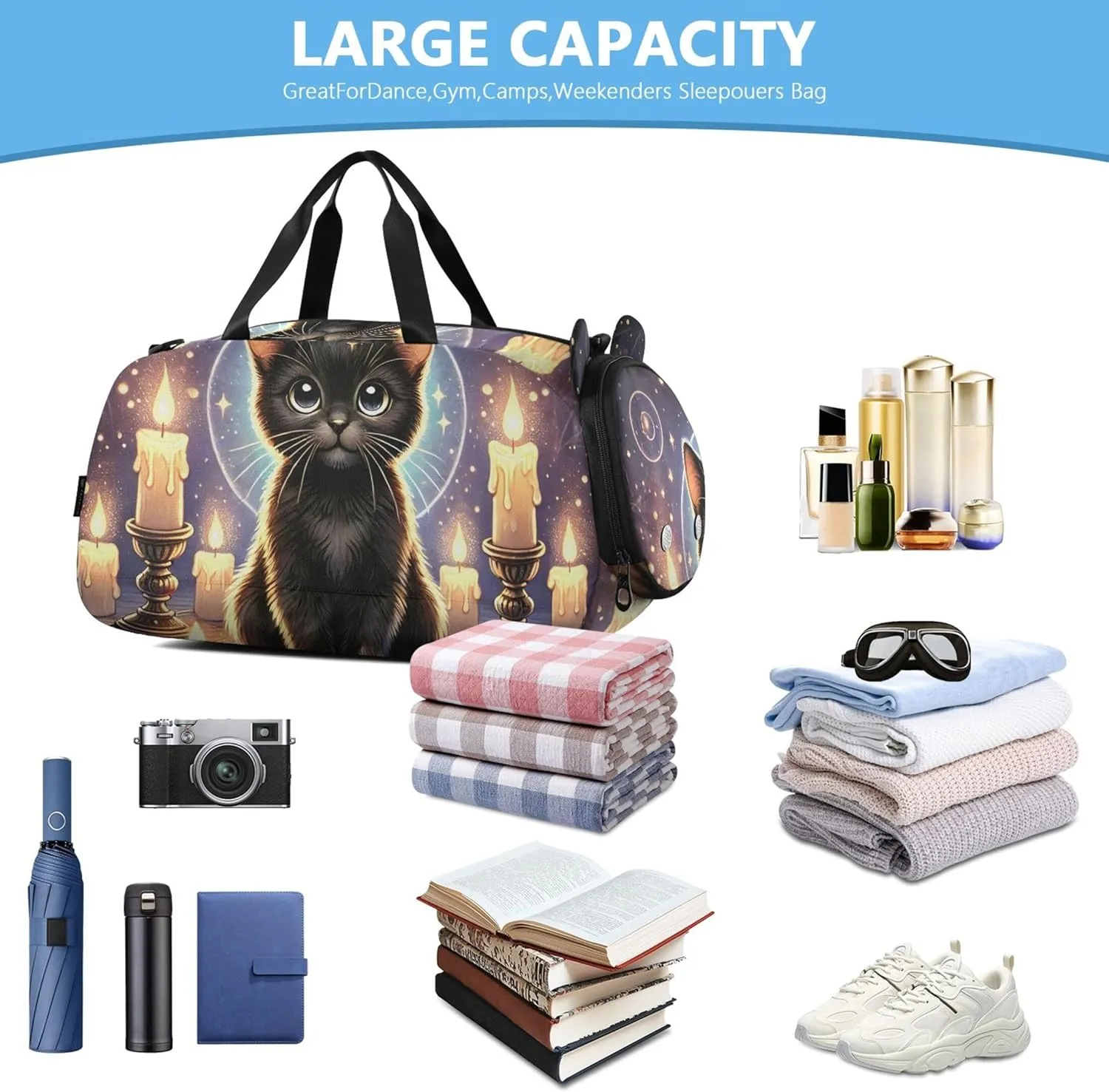 Mystic Black Cat Witchcraft Carry on Duffel Bag for Boys Toddler Weekender Bags Girls Tote Duffle Bags Travel Shoe Compartment