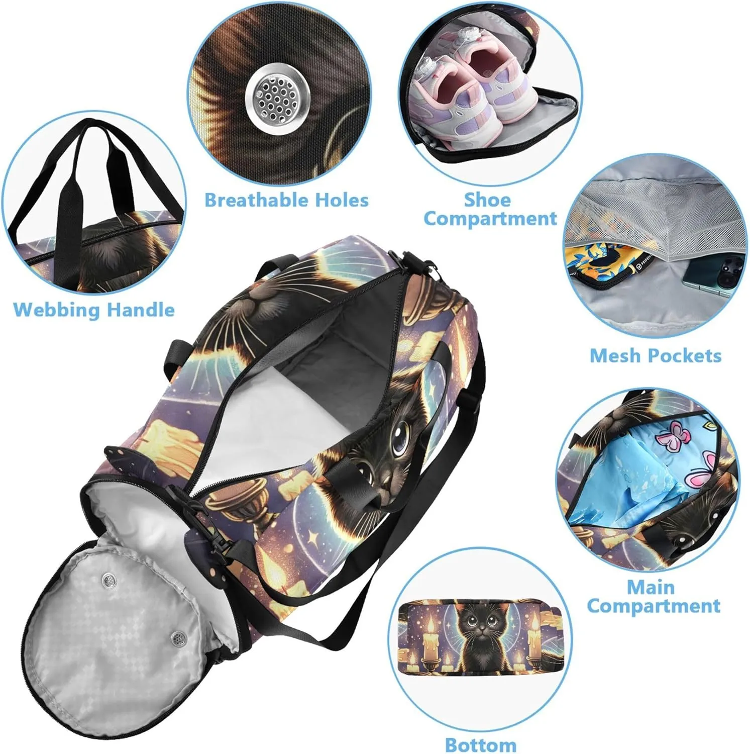 Mystic Black Cat Witchcraft Carry on Duffel Bag for Boys Toddler Weekender Bags Girls Tote Duffle Bags Travel Shoe Compartment