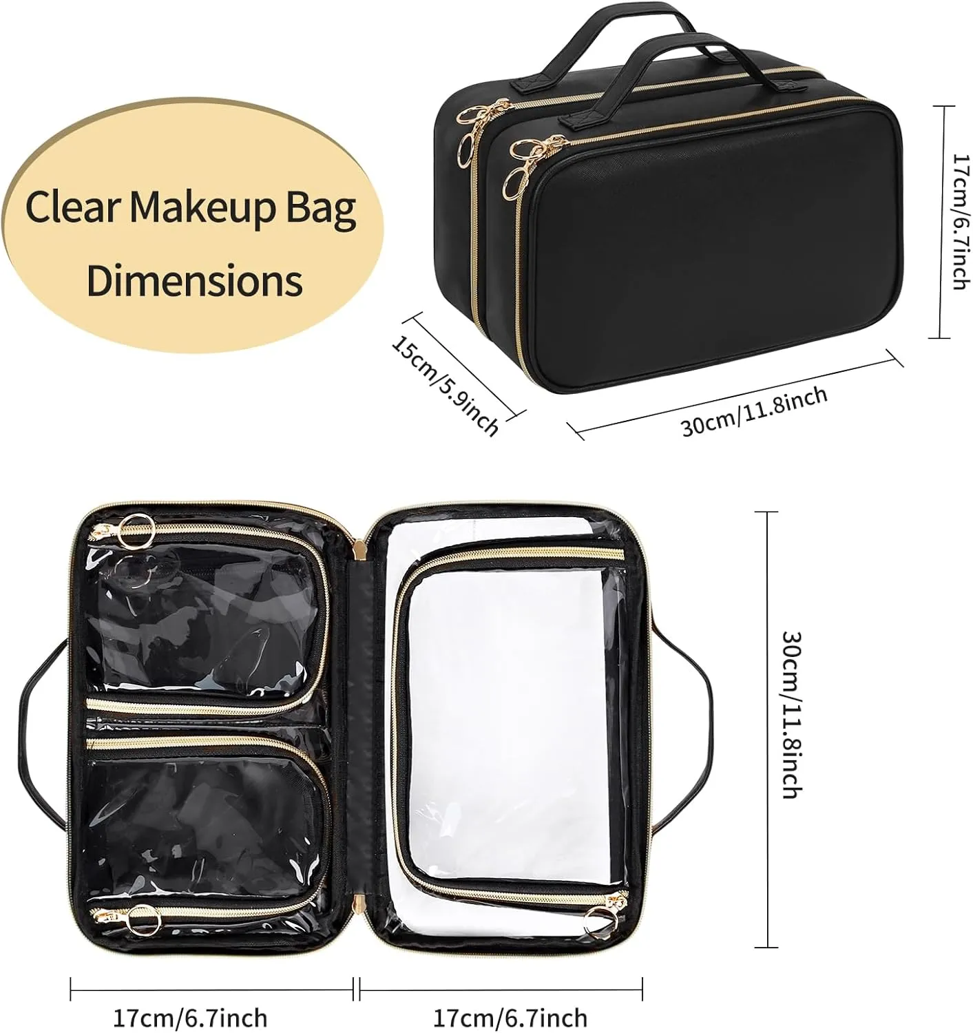 OCHEAL Travel Toiletry Bag, Double Layer Clear Makeup Bag Organizer Large Capacity Cosmetic Bag for Traveling Women Beauty Essentials, Multiple Compartments Makeup Case- Black