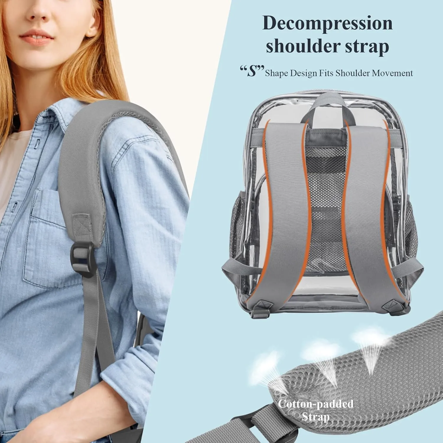 PACKISM Clear Backpack - 17 inch Large Clear Backpacks for School, Heavy Duty Bookbag for Student Boys and Girls, Transparent PVC See Through Backpack for College Work, Grey (Age 12 )