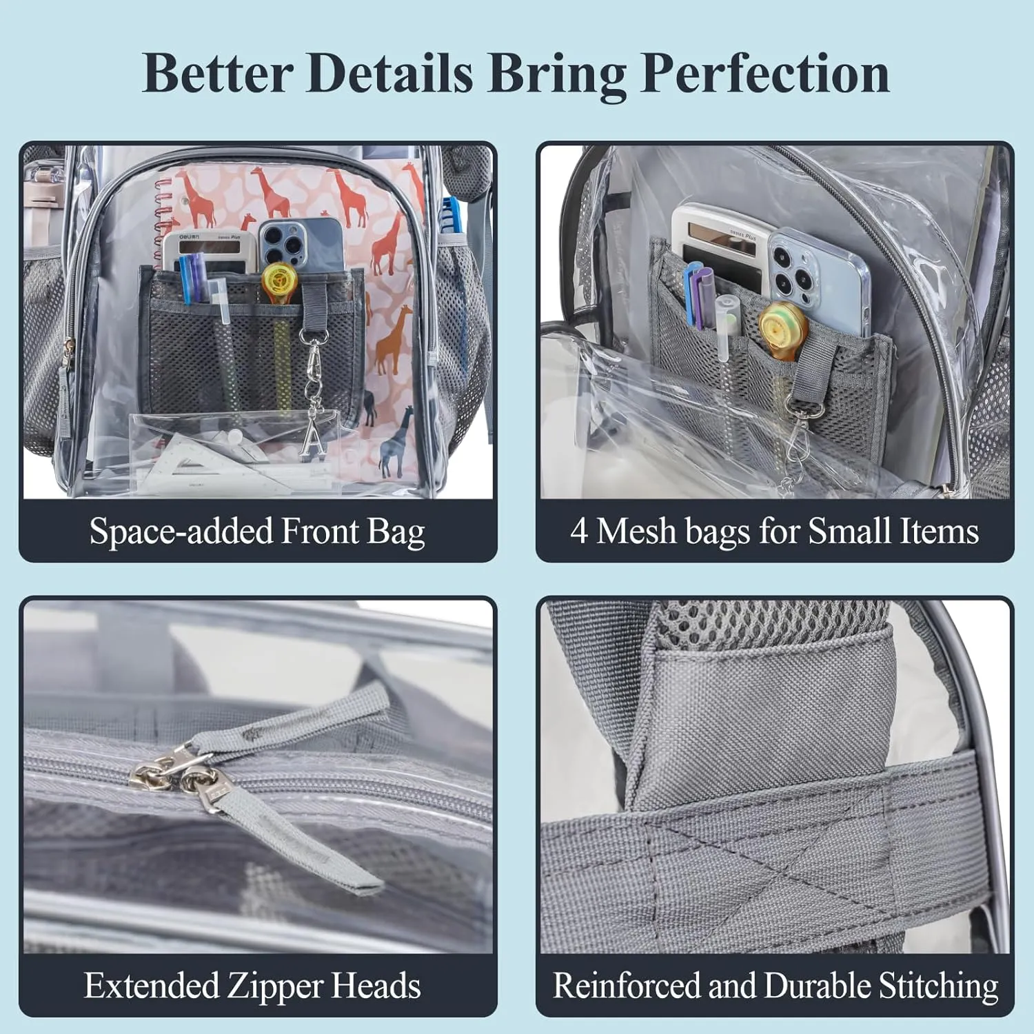 PACKISM Clear Backpack - 17 inch Large Clear Backpacks for School, Heavy Duty Bookbag for Student Boys and Girls, Transparent PVC See Through Backpack for College Work, Grey (Age 12 )