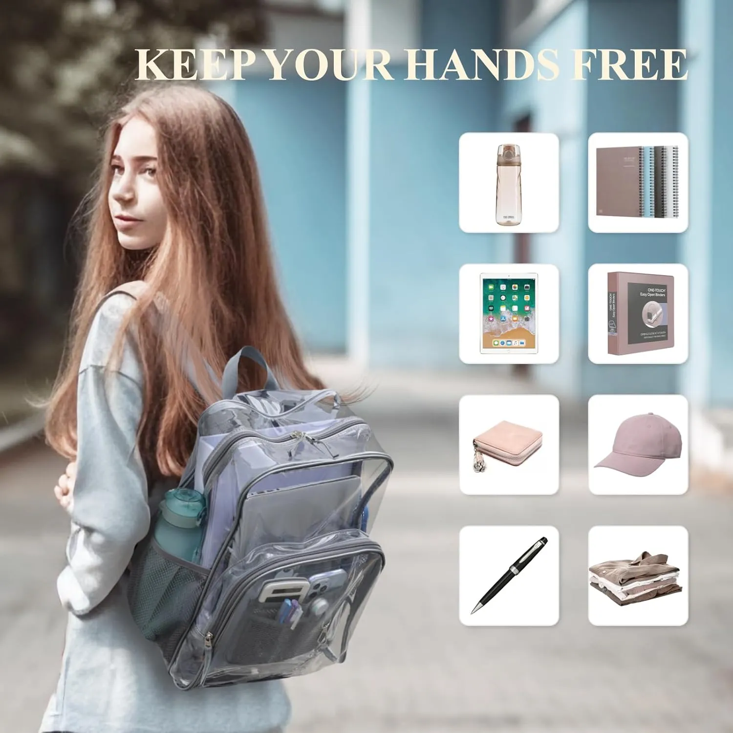 PACKISM Clear Backpack - 17 inch Large Clear Backpacks for School, Heavy Duty Bookbag for Student Boys and Girls, Transparent PVC See Through Backpack for College Work, Grey (Age 12 )