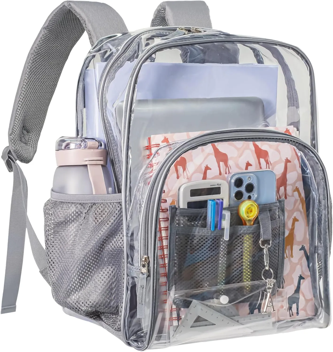 PACKISM Clear Backpack - 17 inch Large Clear Backpacks for School, Heavy Duty Bookbag for Student Boys and Girls, Transparent PVC See Through Backpack for College Work, Grey (Age 12 )