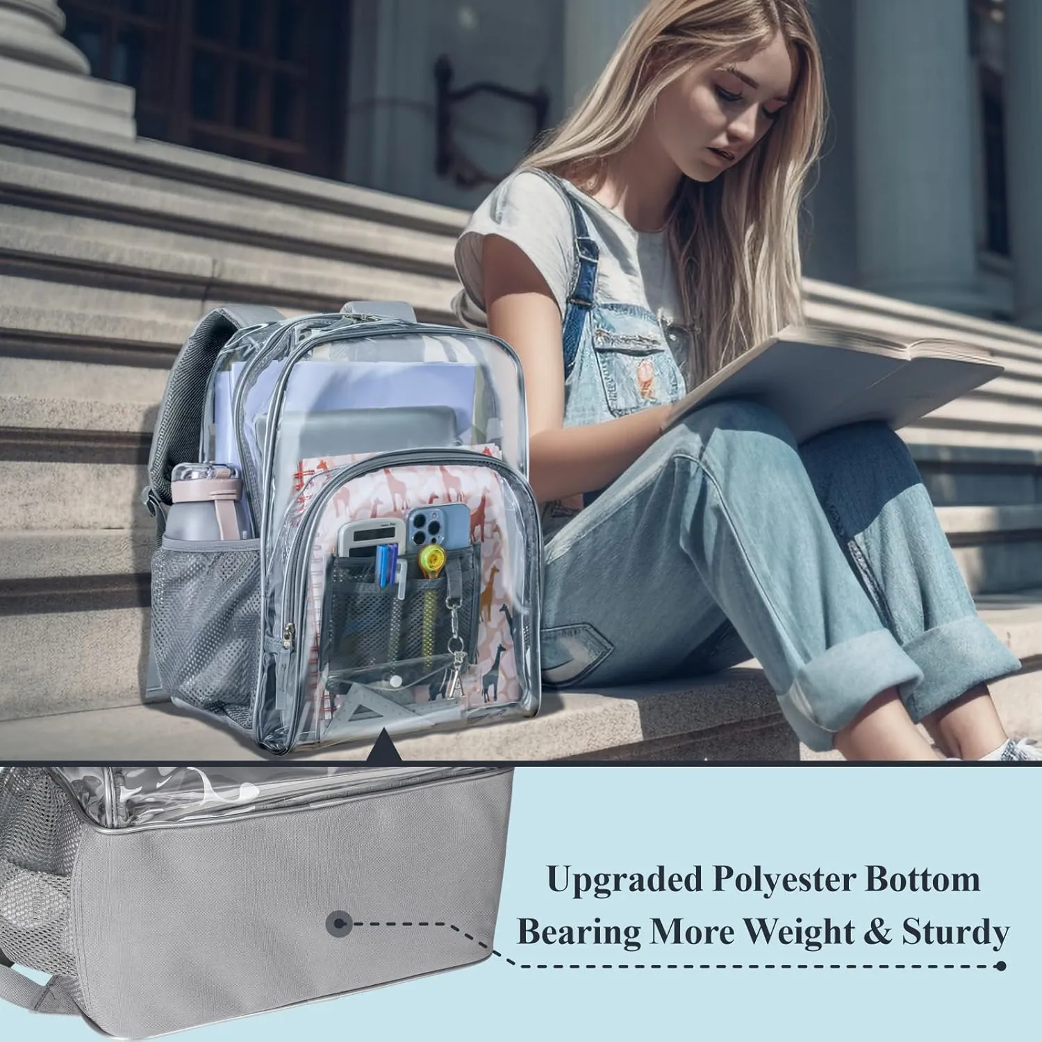 PACKISM Clear Backpack - 17 inch Large Clear Backpacks for School, Heavy Duty Bookbag for Student Boys and Girls, Transparent PVC See Through Backpack for College Work, Grey (Age 12 )