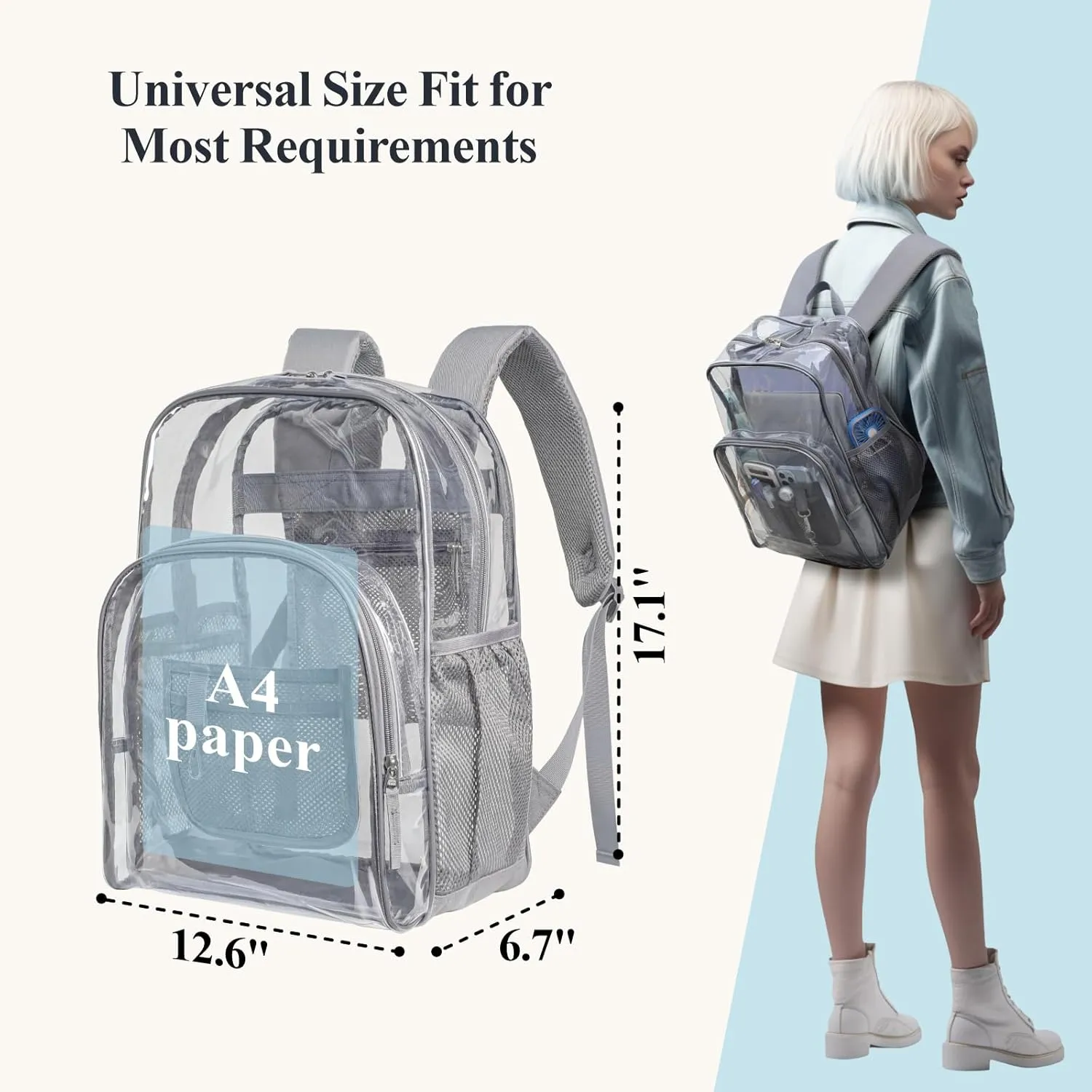 PACKISM Clear Backpack - 17 inch Large Clear Backpacks for School, Heavy Duty Bookbag for Student Boys and Girls, Transparent PVC See Through Backpack for College Work, Grey (Age 12 )