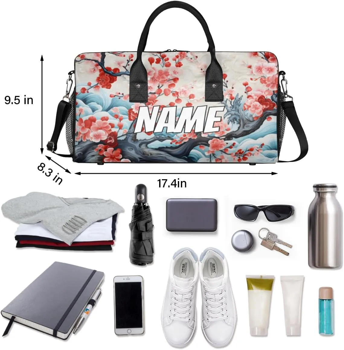 Personalized Peach Blossom Travel Duffel Bag with Name, Custom Gym Sport Bags Retro Cherry Carry On Weekend Overnight Duffel Bag for Men Women