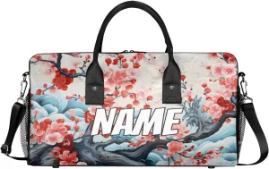 Personalized Peach Blossom Travel Duffel Bag with Name, Custom Gym Sport Bags Retro Cherry Carry On Weekend Overnight Duffel Bag for Men Women