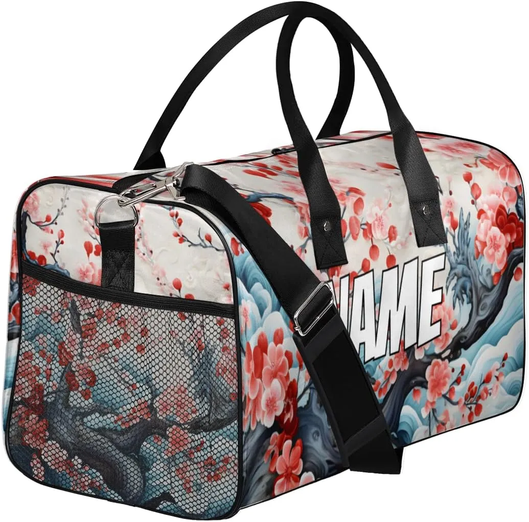 Personalized Peach Blossom Travel Duffel Bag with Name, Custom Gym Sport Bags Retro Cherry Carry On Weekend Overnight Duffel Bag for Men Women