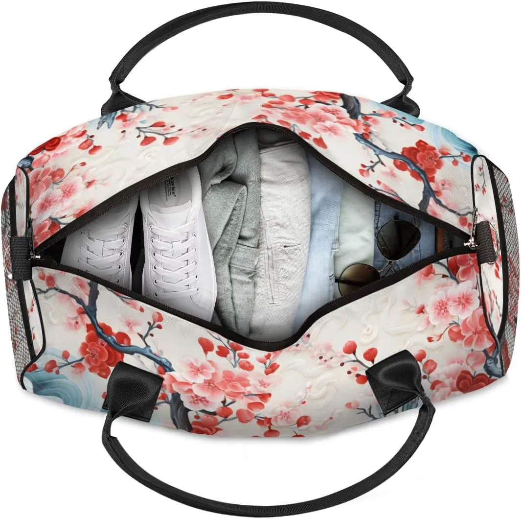Personalized Peach Blossom Travel Duffel Bag with Name, Custom Gym Sport Bags Retro Cherry Carry On Weekend Overnight Duffel Bag for Men Women