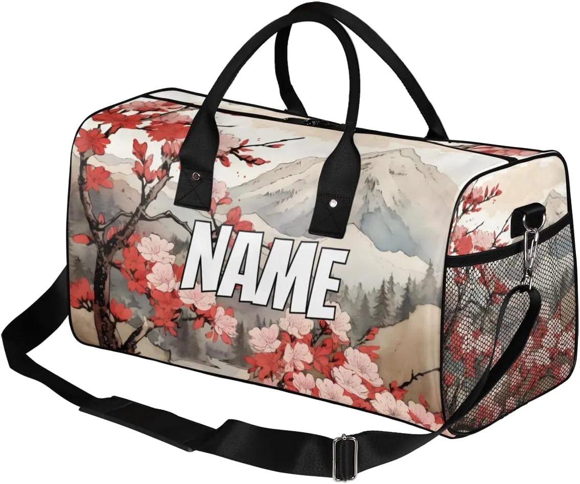 Personalized Peach Floral Travel Duffel Bag with Name, Custom Gym Sport Bags Japanese Asian Carry On Weekend Overnight Duffel Bag for Men Women