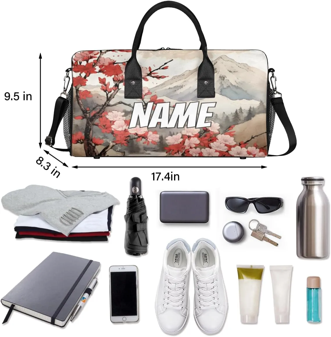 Personalized Peach Floral Travel Duffel Bag with Name, Custom Gym Sport Bags Japanese Asian Carry On Weekend Overnight Duffel Bag for Men Women