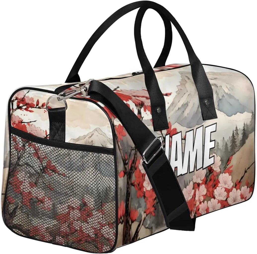 Personalized Peach Floral Travel Duffel Bag with Name, Custom Gym Sport Bags Japanese Asian Carry On Weekend Overnight Duffel Bag for Men Women