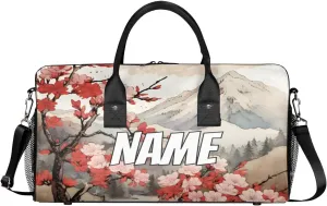 Personalized Peach Floral Travel Duffel Bag with Name, Custom Gym Sport Bags Japanese Asian Carry On Weekend Overnight Duffel Bag for Men Women