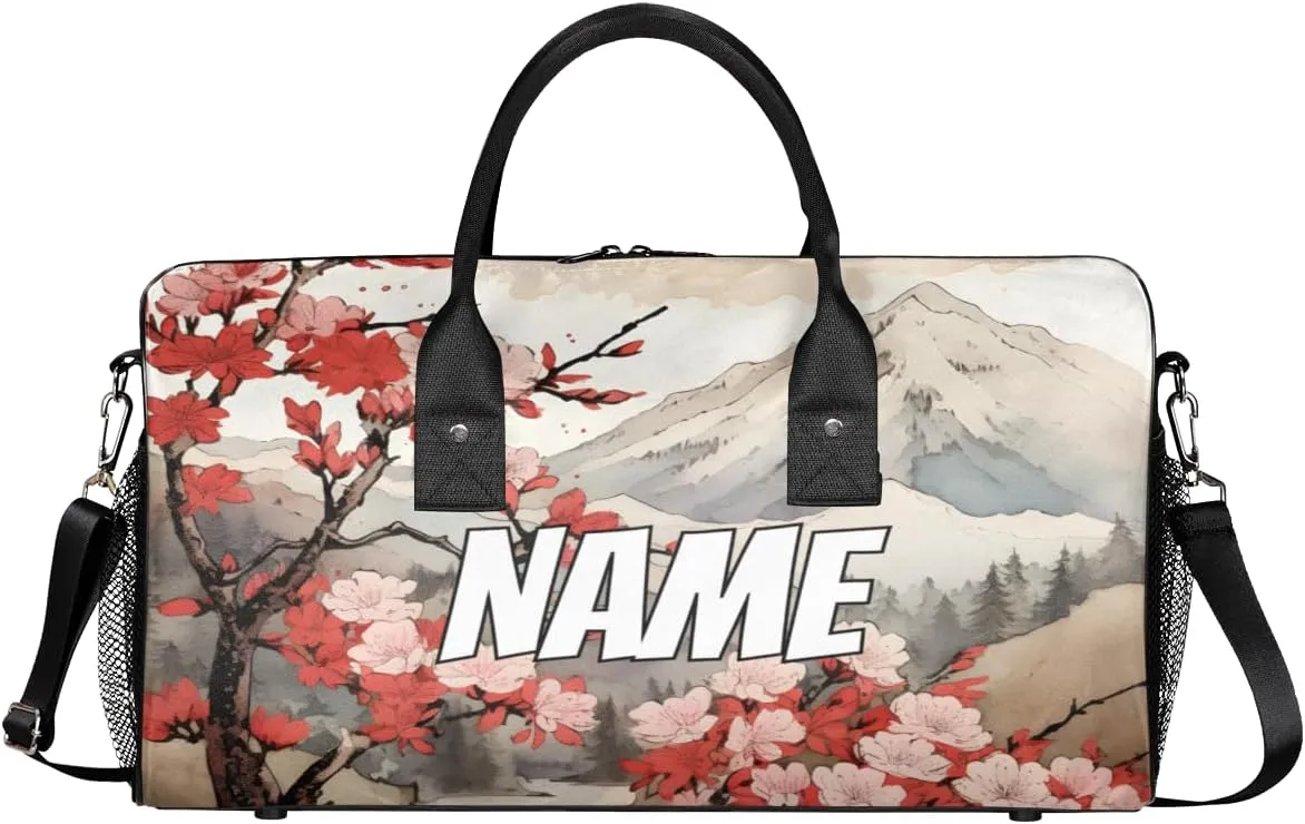Personalized Peach Floral Travel Duffel Bag with Name, Custom Gym Sport Bags Japanese Asian Carry On Weekend Overnight Duffel Bag for Men Women