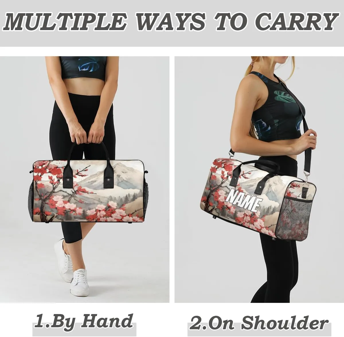 Personalized Peach Floral Travel Duffel Bag with Name, Custom Gym Sport Bags Japanese Asian Carry On Weekend Overnight Duffel Bag for Men Women