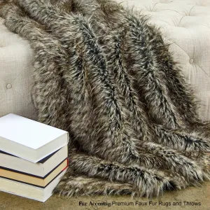 Plush  Faux Fur Throw Blanket, Soft Brown and Gray Tipped Desert Wolf Bedspread - Luxury Fur - Minky Cuddle Fur Lining Fur Accents USA