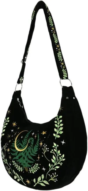 Restyle Herbal Hobo Bag Crescent Moon Stars Fern Leaf Witchy Gothic Embroidered