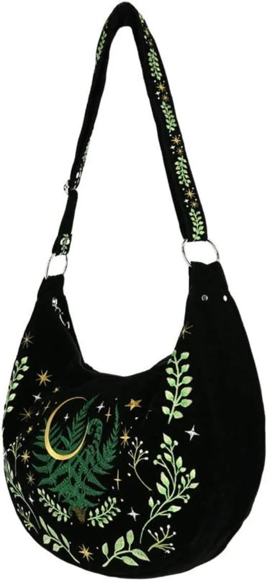 Restyle Herbal Hobo Bag Crescent Moon Stars Fern Leaf Witchy Gothic Embroidered