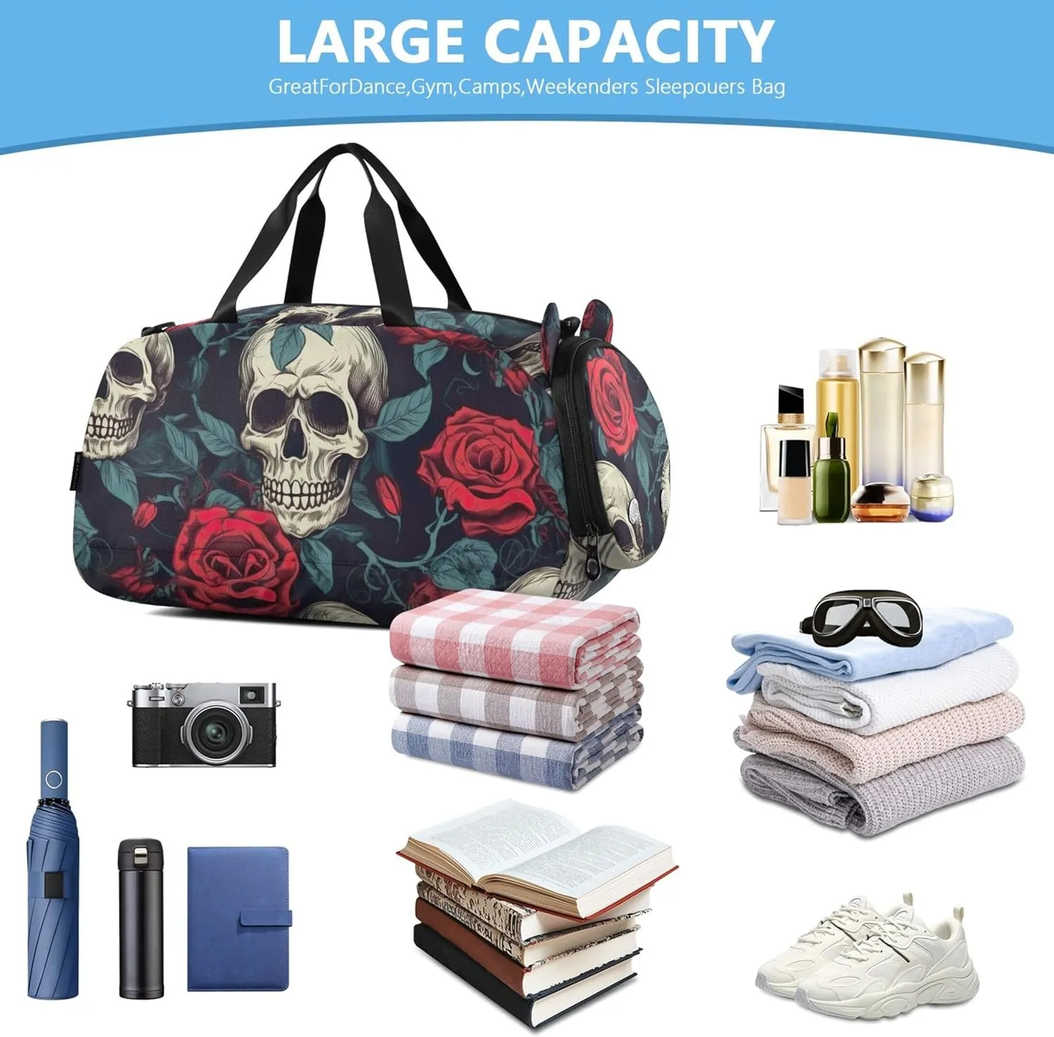 Skulls Red Roses Carry on Duffel Bag Boys Toddler Weekender Bags Girls Duffle Bags for Travel Sports Dance Bag