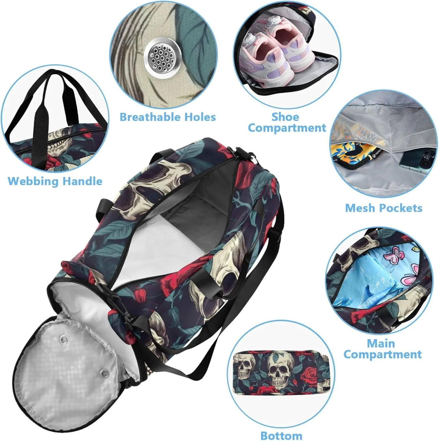 Skulls Red Roses Carry on Duffel Bag Boys Toddler Weekender Bags Girls Duffle Bags for Travel Sports Dance Bag
