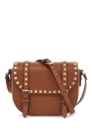 Small Messenger Crossbody Bag In Brown Hammered Leather With Studs