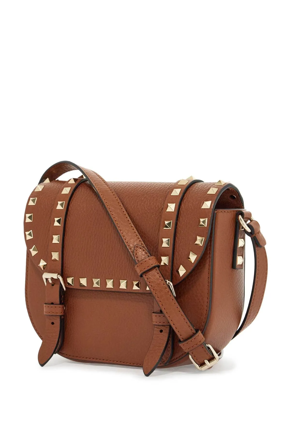 Small Messenger Crossbody Bag In Brown Hammered Leather With Studs